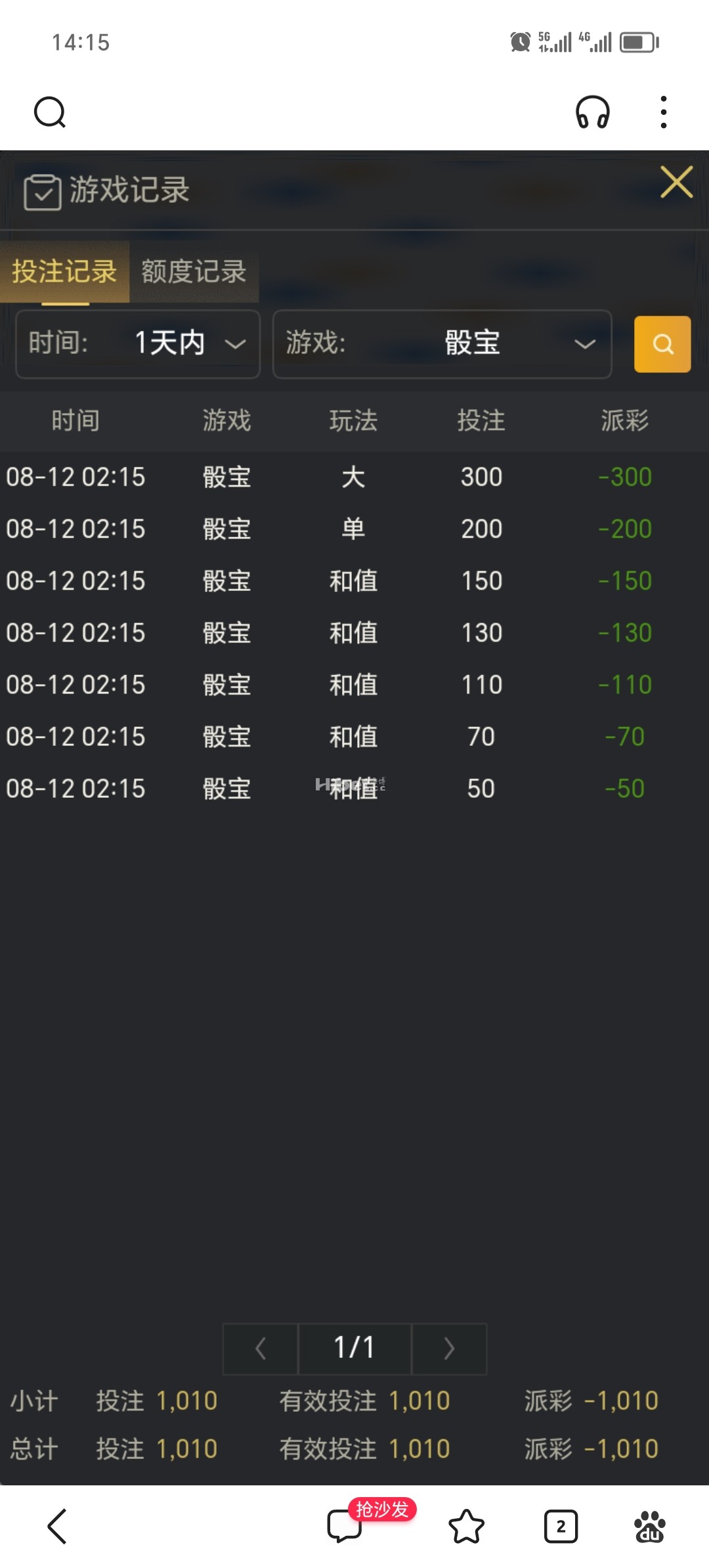 今天玩这个骰宝倒霉了