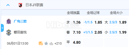 6月1日 13:00 日职联 广岛三箭VS磐田喜悦