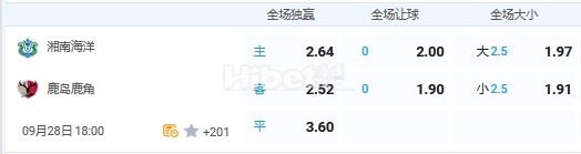 9月28日 18:00 日职联 湘南海洋VS鹿岛鹿角