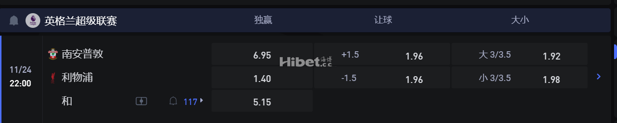 英格兰超级联赛  11/24 22:00 南安普敦VS 利物浦
