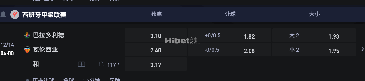 西班牙甲级联赛  12/14 04:00 巴拉多利德 VS伦西亚